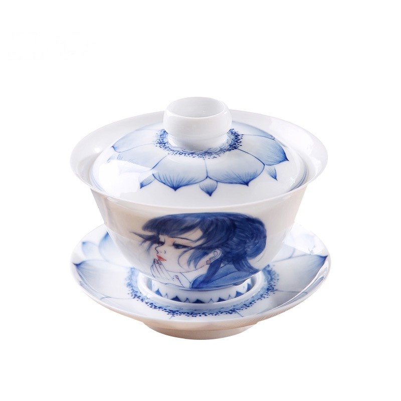 鼎亨景德镇陶瓷 高白瓷 手绘青花美女盖碗茶具 佳人三才碗 人物茶
