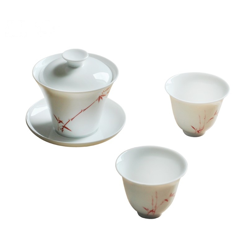 鼎亨春泥手绘红竹景德镇陶瓷整套办公茶道套装功夫茶具一盖碗两杯