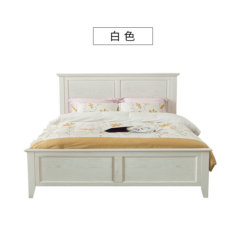 美式乡村白色双人床1.5米简风格卧室实木床家具婚床背靠床1.8米白蜡木平头床﹛胡桃色﹜