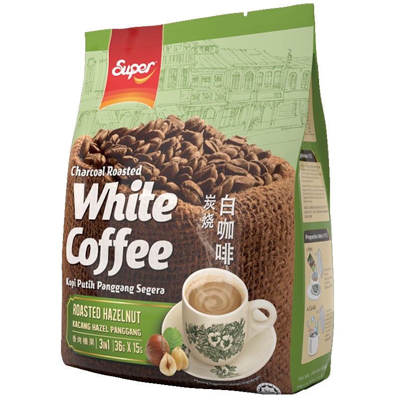 原装马来西亚进口super超级牌炭烧榛果三合一速溶白咖啡粉540g袋