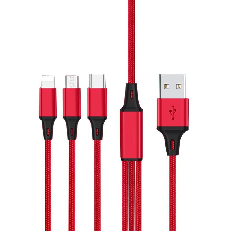 杰沃一拖三数据线苹果安卓华为通用MICRO USB type-C 高速vivo充电线2A【红色1.2米】编织 数据线