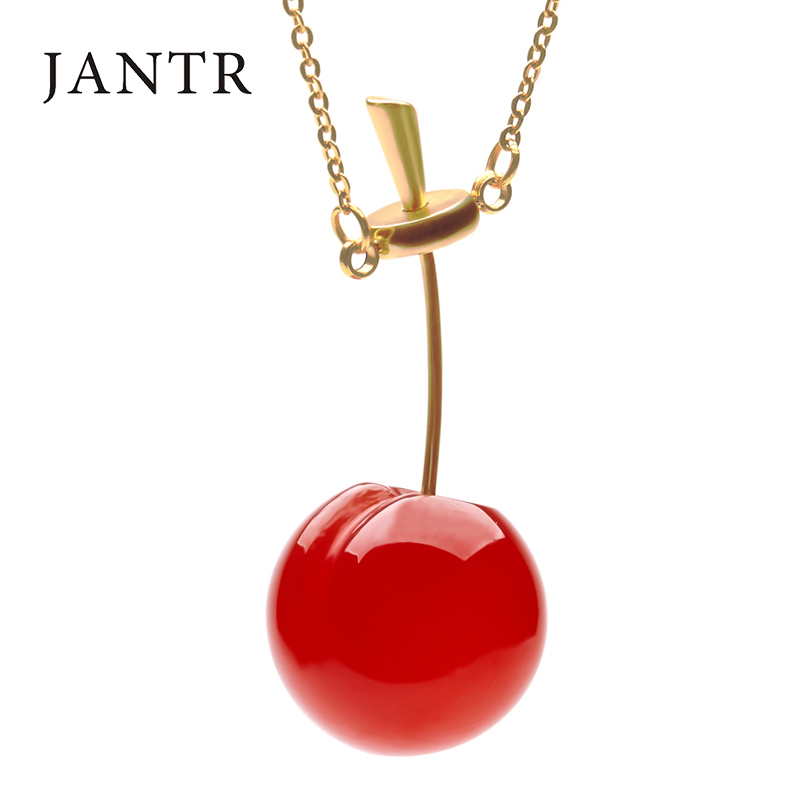 JANTR 防过敏防褪色钛钢项链金色樱桃吊坠女天然玛瑙吊坠