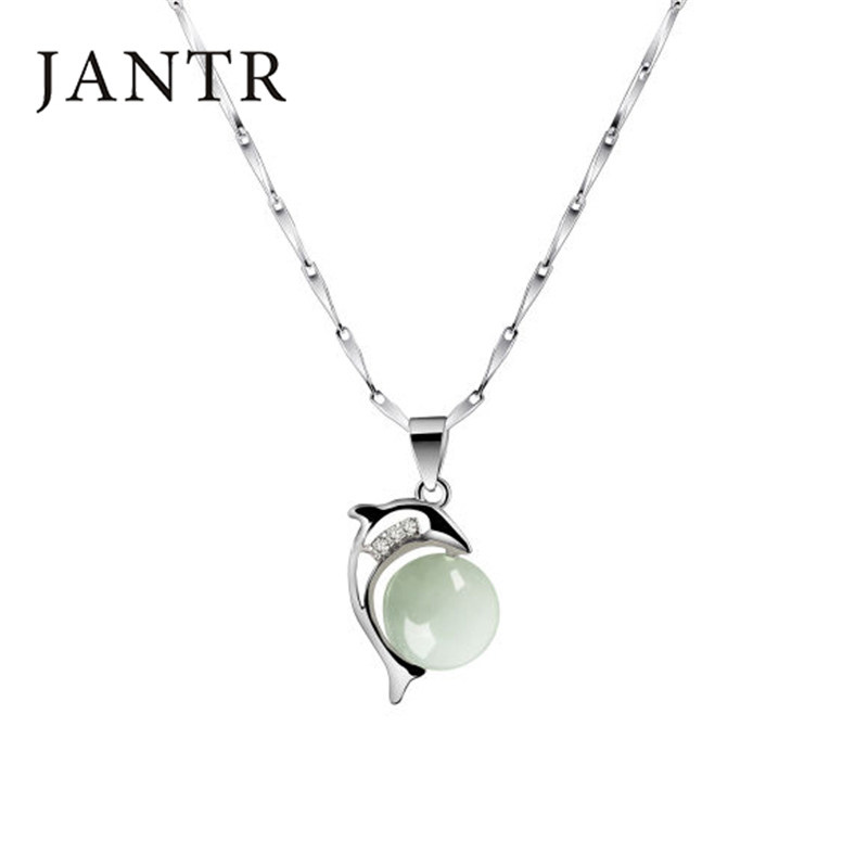 JANTR[礼盒装+送证书]S925纯银项链海豚抱珠吊坠天然翡翠珠吊坠