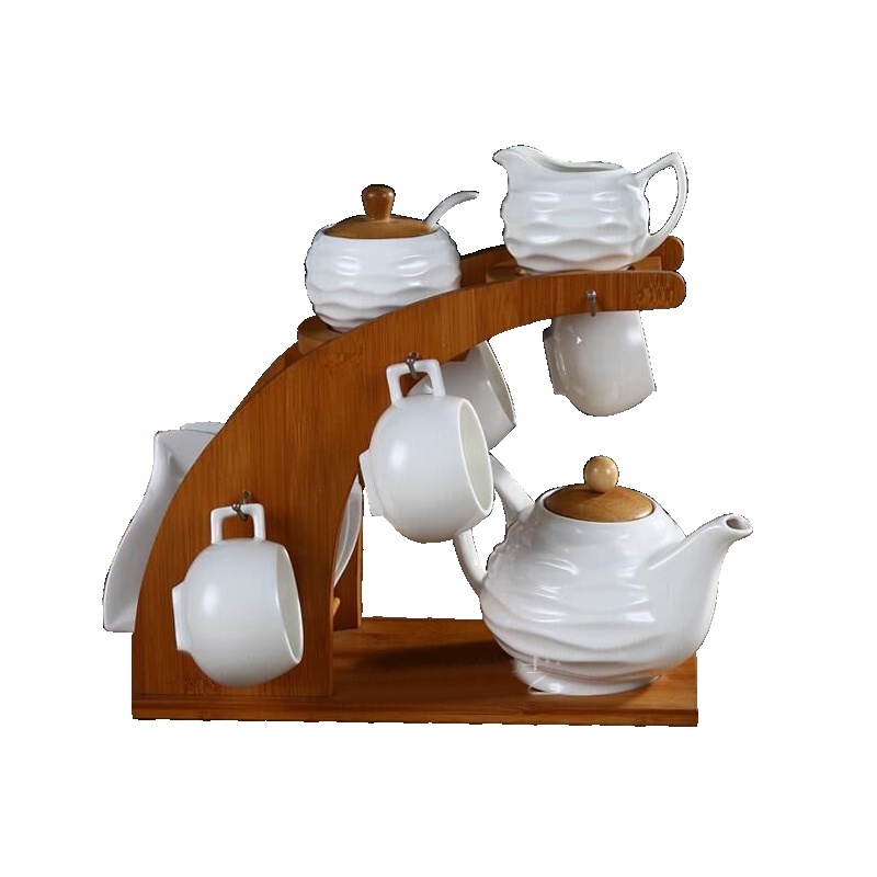 家用陶瓷水杯 杯具套装竹制架子陶瓷咖啡杯壶套具下午花茶茶具套装