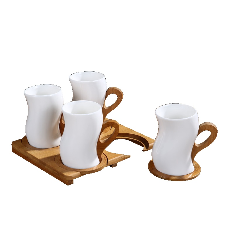 创意对杯 新款创意木制手柄S型陶瓷咖啡杯套大容量水杯四件套