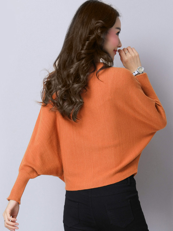 丝柏舍2018年秋季新款女纯色长袖套头V领短款宽松蝙蝠袖针织衫S73F0089Z