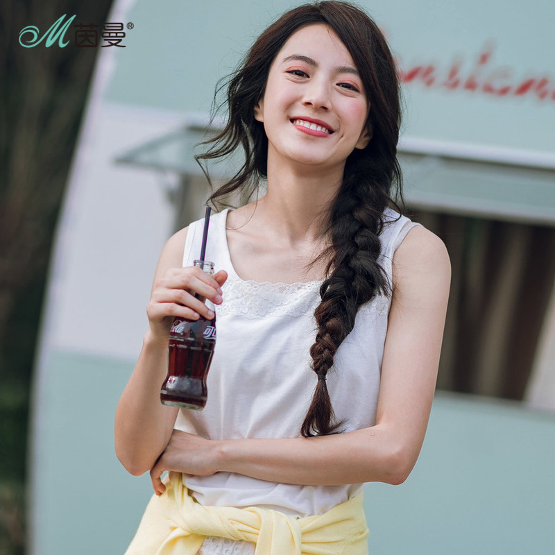 D茵曼2018春新款圆领百搭外穿拼接蕾丝无袖小背心女内搭小衫打底1881033139