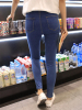 希娅牛仔裤女蓝色高腰显瘦小脚裤修身排扣学生铅笔长裤XD2014