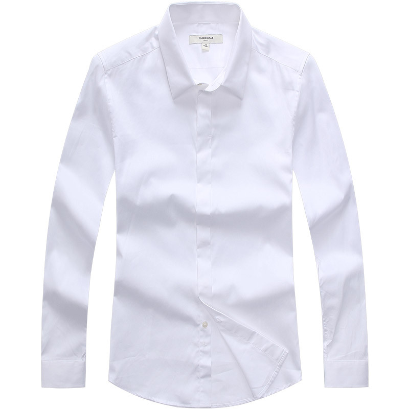 马克华菲长袖衬衫男薄款纯白韩版修身潮流纯色纯棉白色男装白衬衣