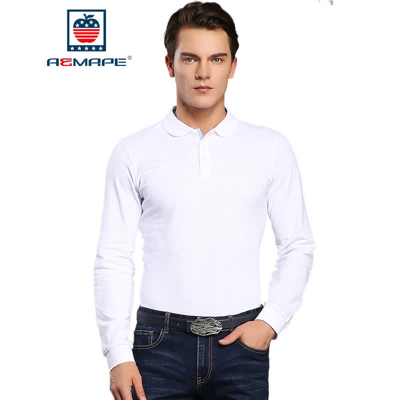 AEMAPE美国苹果 长袖t恤男士翻领Polo纯色休闲棉质新款长袖打底衫图片
