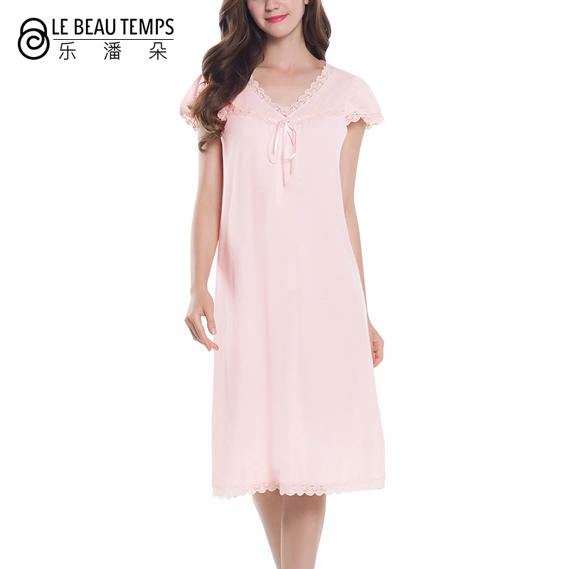 新品 乐潘朵睡衣女秋冬V领花边宽松大码短袖长裙A字型家居服睡裙