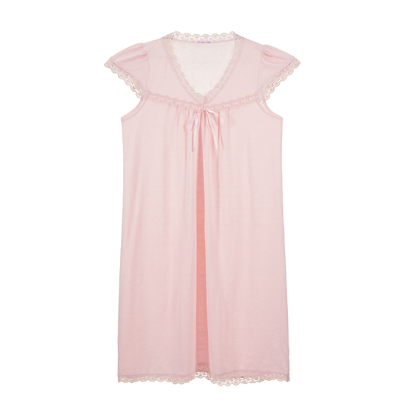 新品 乐潘朵睡衣女秋冬V领花边宽松大码短袖长裙A字型家居服睡裙
