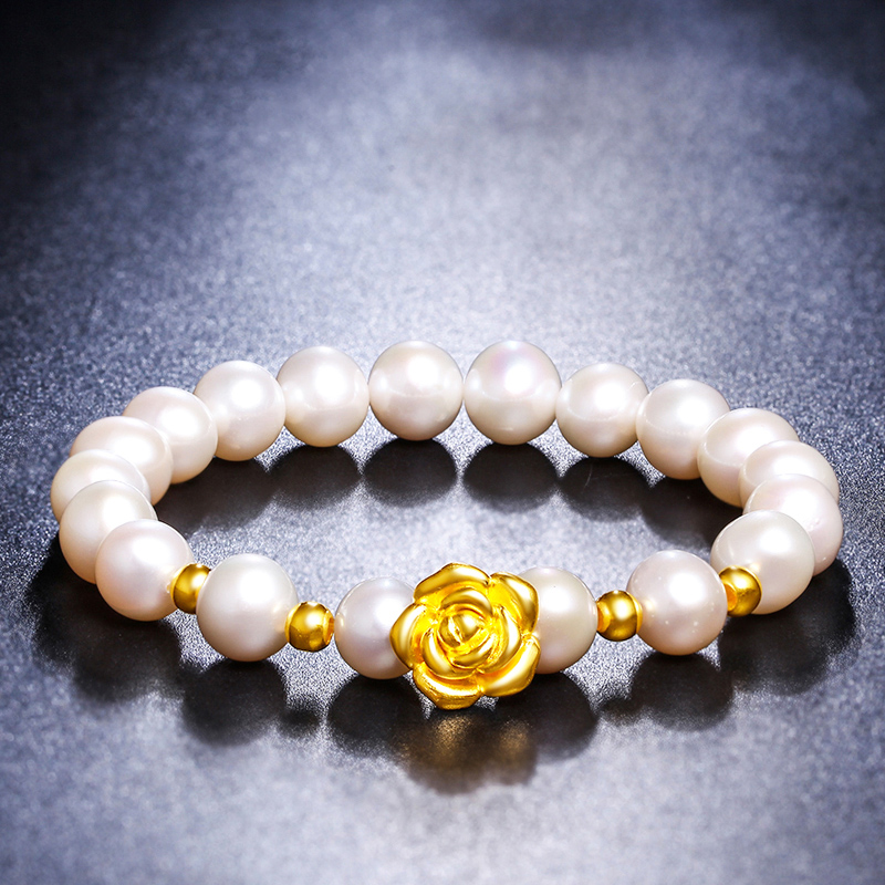 蒂蔻 时尚玫瑰花黄金手链女款足金白色珍珠手串3D硬金首饰品母亲节生日礼物送女士