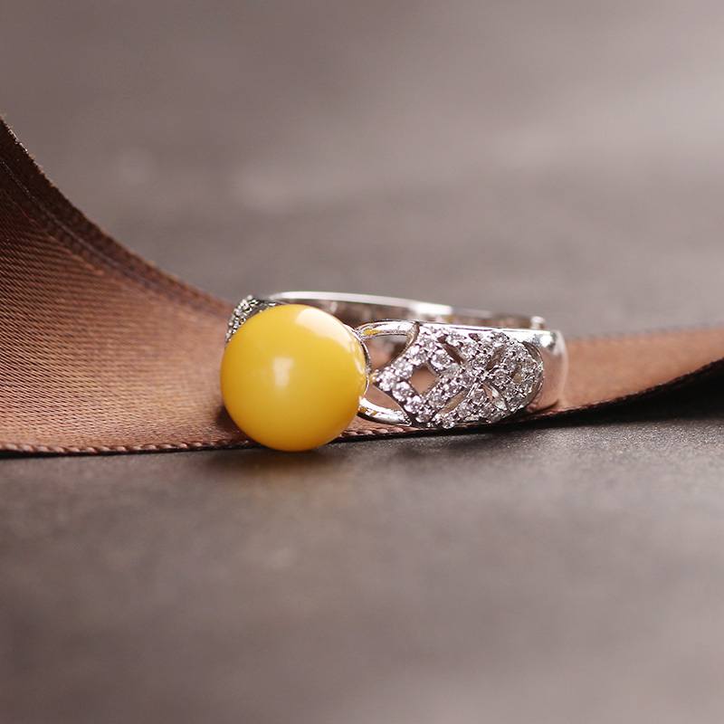 凝萃「weiyi」波罗的海琥珀蜜蜡圆珠925银戒指 开口可调