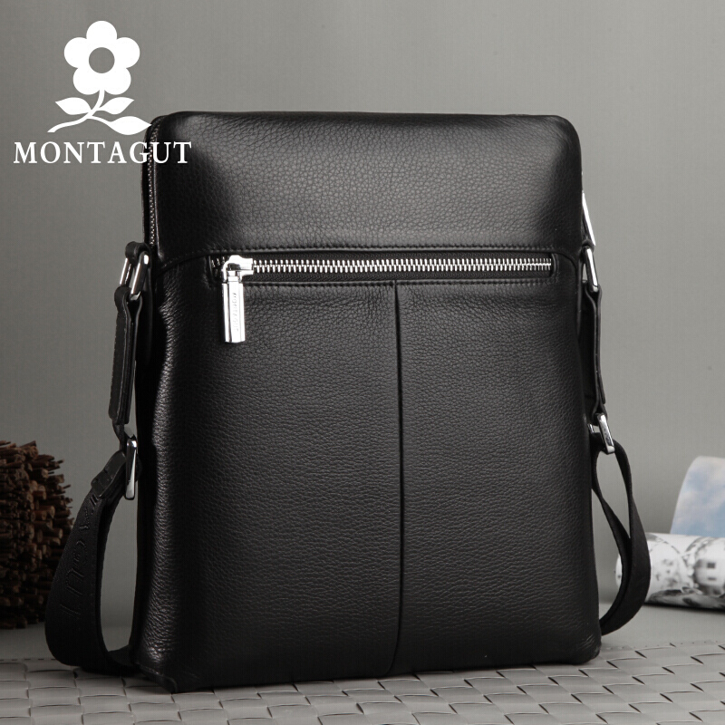 梦特娇MONTAGUT 真皮单肩包男包 时尚休闲柔软纯牛皮单肩斜跨包 进口牛皮商务日字包