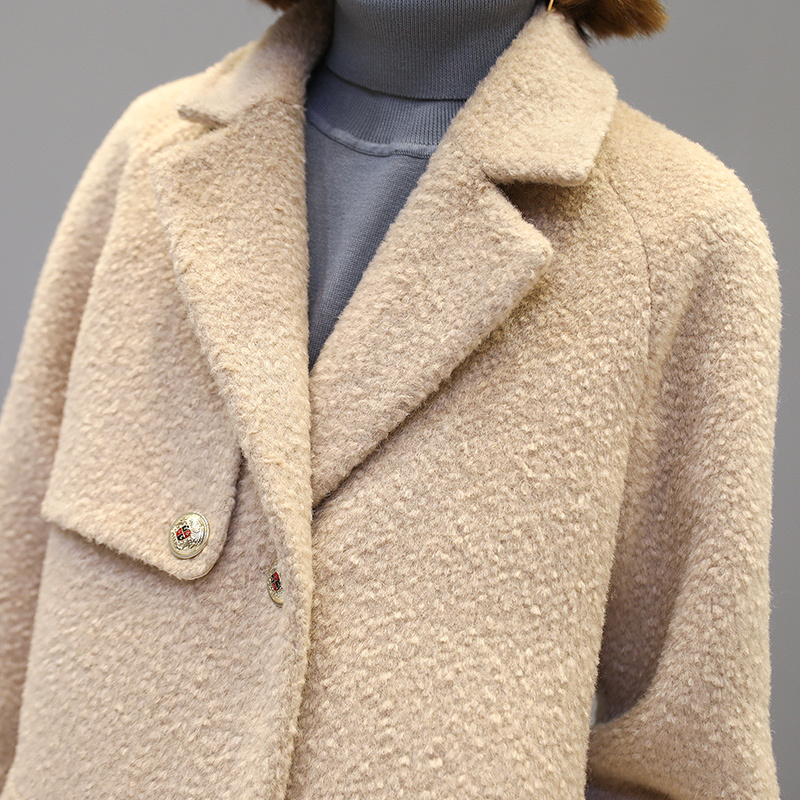 兰奥2017冬季新款女式阿尔巴卡大衣长款直筒型V领插肩袖毛呢外套