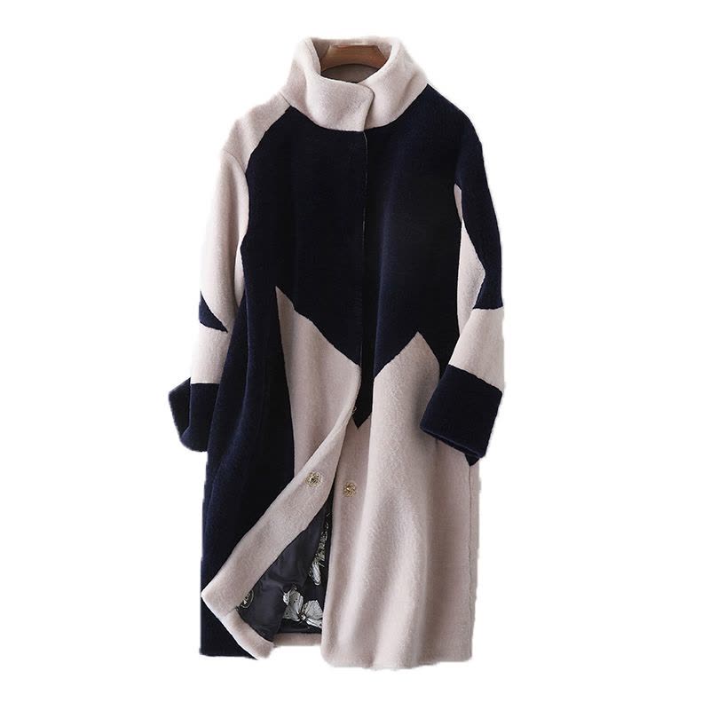 兰奥羊剪绒皮草女2018冬季新款韩版拼色羊毛大衣长款立领外套图片