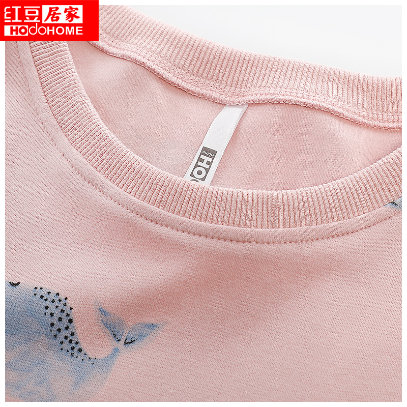 红豆居家睡裙女式蓝色鲸鱼可爱甜美圆领睡裙全棉居家服裙