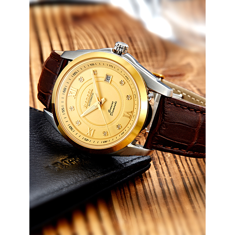 宾爵（BEGEEL）手表 鎏金系列机械男士手表 全自动机械表 真钻镀金日历真皮带商务休闲男士机械手表