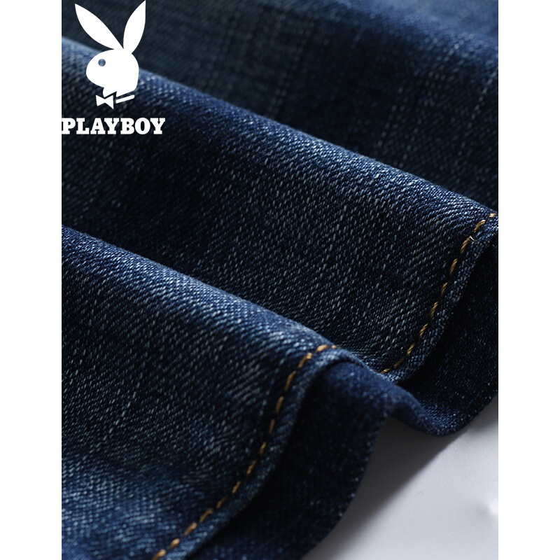 花花公子(PLAYBOY)牛仔裤男绣花磨毛时尚休闲青年长裤子修身个性直筒裤子男蓝色