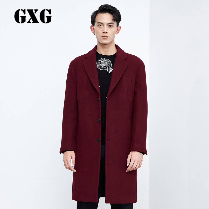 GXG男装冬季男士时尚休闲修身酒红色长款羊毛呢棉大衣_1