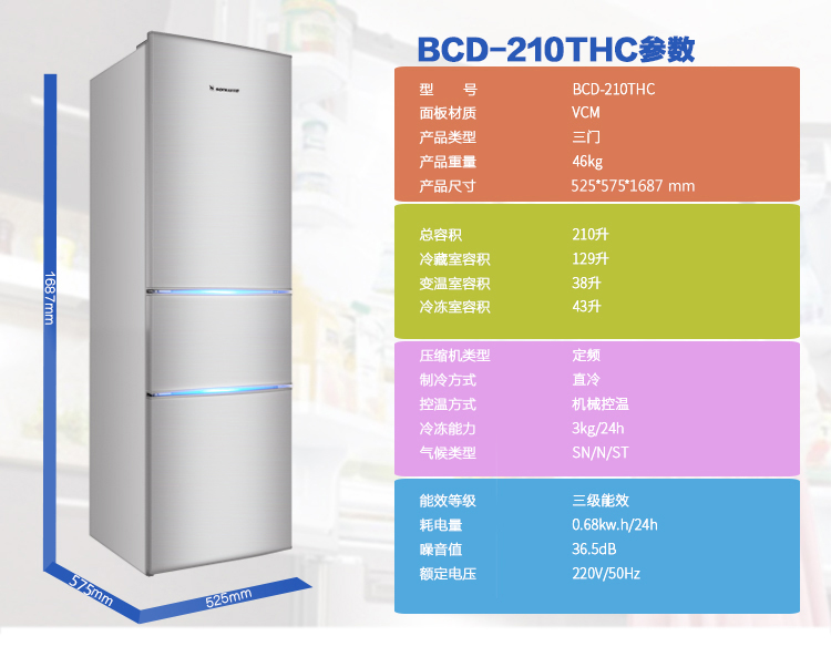 双鹿冰箱 BCD-210THC 三门（激光银 ）