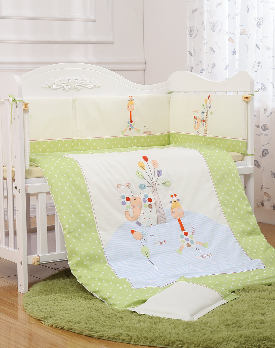 霖贝儿(LINBEBE)婴儿用品礼盒可拆洗婴儿用品纯棉床上8件套宝宝防撞床围绿色 绿色 120*65