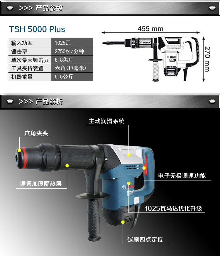 【苏宁自营】博世（Bosch）五公斤六角电铲电镐电凿 TSH5000Plus