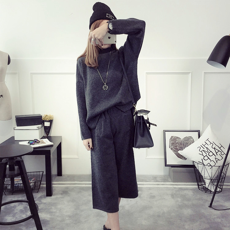 C套头两件套毛衣外套女韩版休闲阔腿裤套装秋