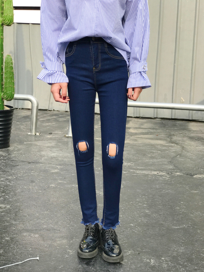 魅言魅语2017#实拍高腰膝盖破洞牛仔裤女学生