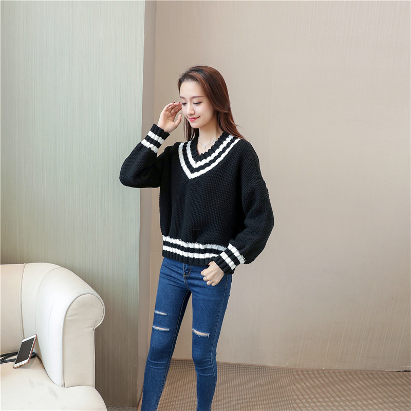 韩雪青青2017韩版新款大V领宽松百搭外穿毛衣