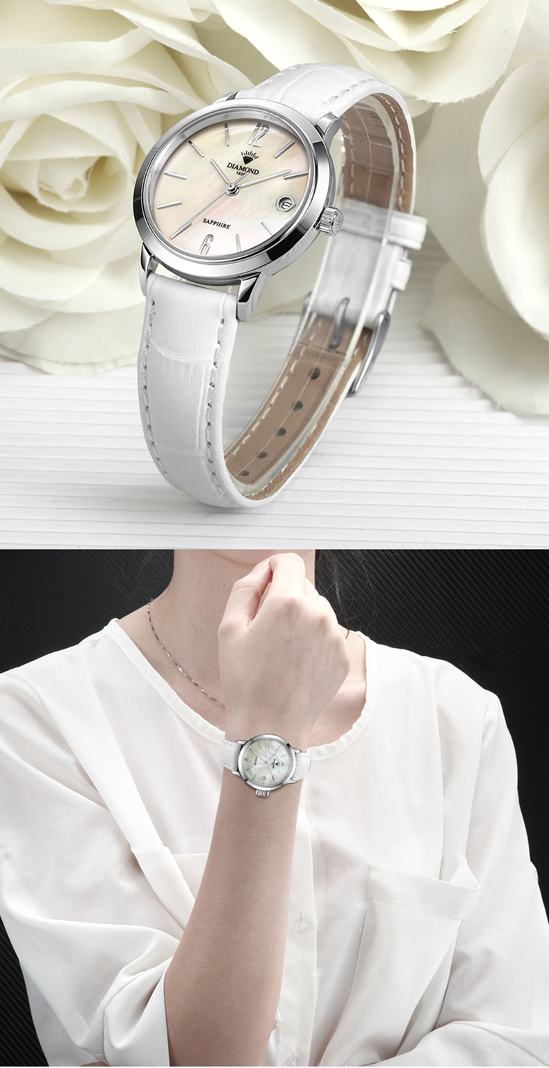 上海钻石牌手表女石英表超薄款女表真皮表带时尚潮流女士石英表wb2100-1白色款 白色款