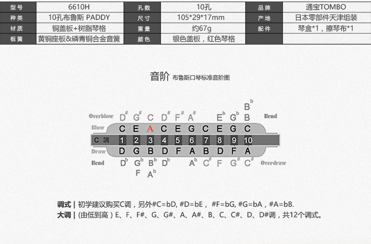 通宝tombo 十孔布鲁斯口琴初学演奏款paddy音阶 6610h