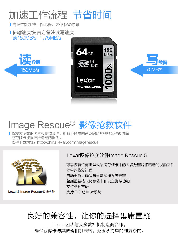 雷克沙Lexar SD卡64GB 1000X读150MB/s写75MB/s相机存储卡