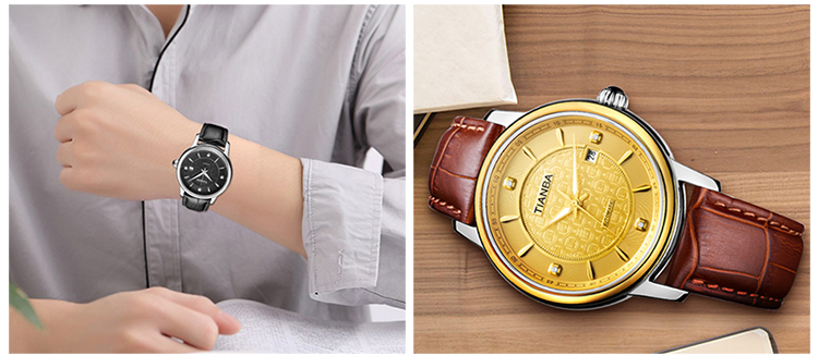 天霸(TIANBA)手表 复古稳重男士手表 皮带款全自动机械男表TM6021.04PC 金面棕带 金色