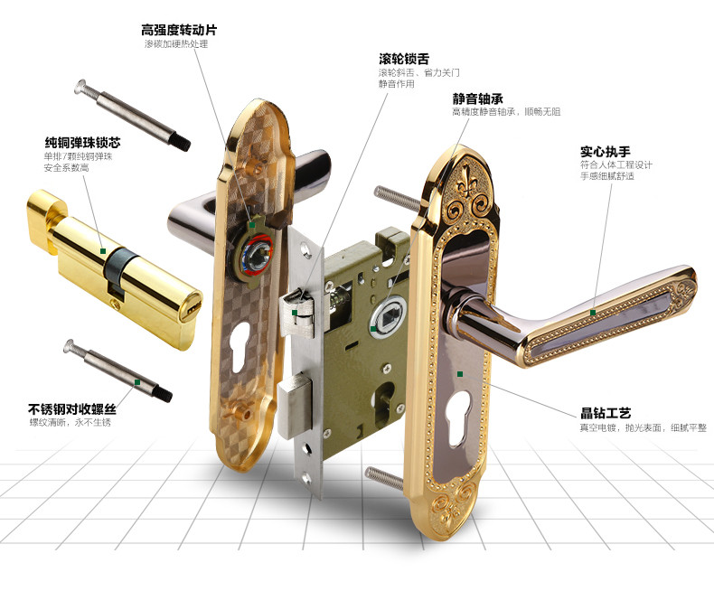 美镖欧式门锁 金色卧室防盗房门锁具 室内执手仿古门锁双锁舌 单锁 子