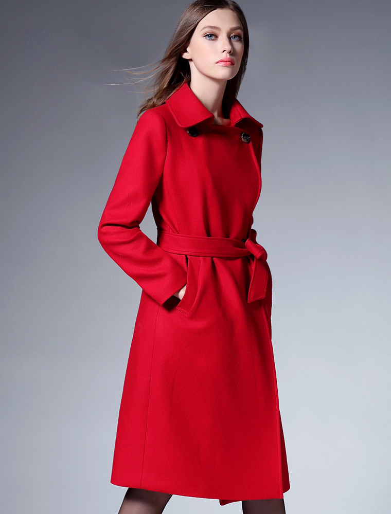 KARA2017春装新款系带羊毛呢大衣女中长款红