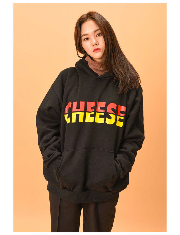 同款超火印花拼色字母宽松大码女装加绒加厚连帽衫卫衣女情侣外套潮
