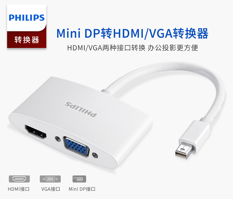 飞利浦(Philips) SWR3121A/93 mini dp转hdmi/vga转换器线苹果mac电脑接口连接投影仪电