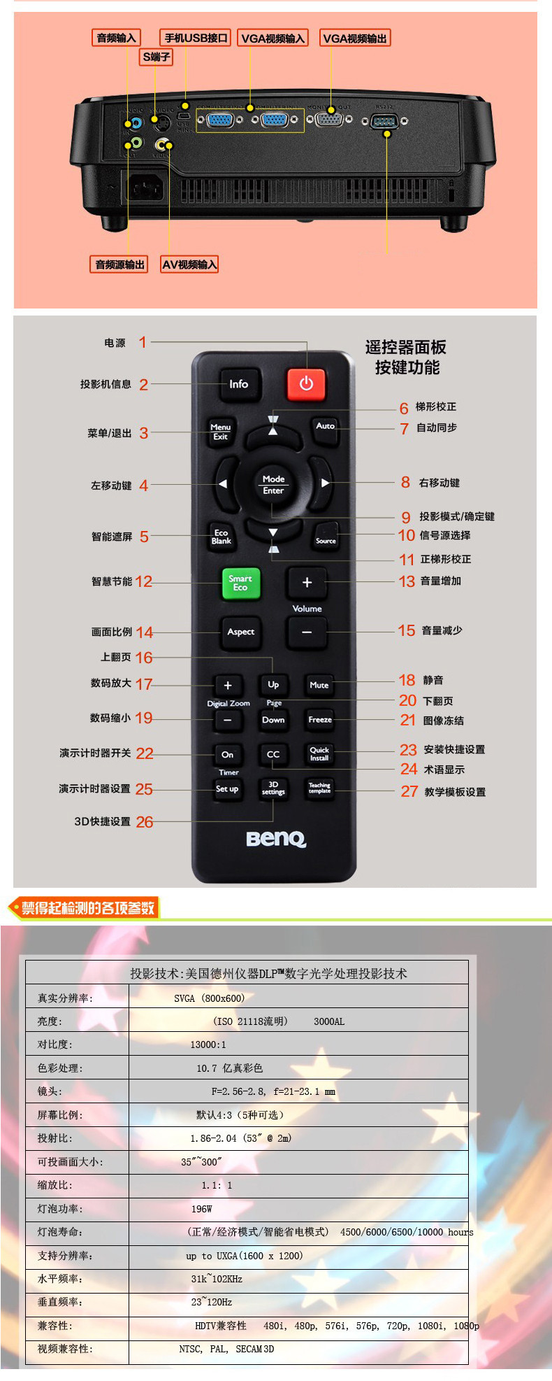 明基(benq)ms504投影仪 商务办公会议室 投影机 3000 流明投影仪