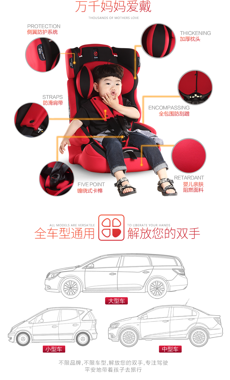 感恩旅行者儿童安全座椅婴儿宝宝汽车车载座椅9个月-12岁 3C认证 红黑色