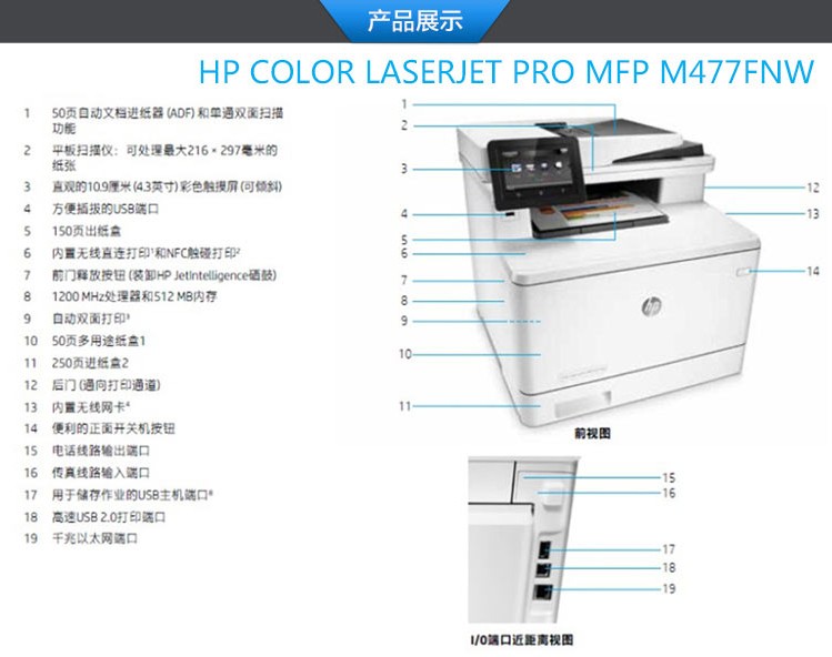 惠普（HP）Color LaserJet Pro MFP M477fnw多功能彩色激光一体机