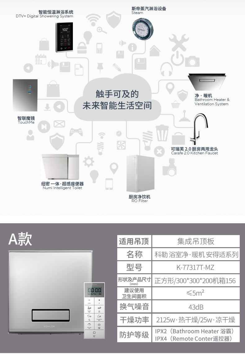 【苏宁自营】科勒浴霸300*300mm多功能浴室嵌入式卫生间暖风机k-77317