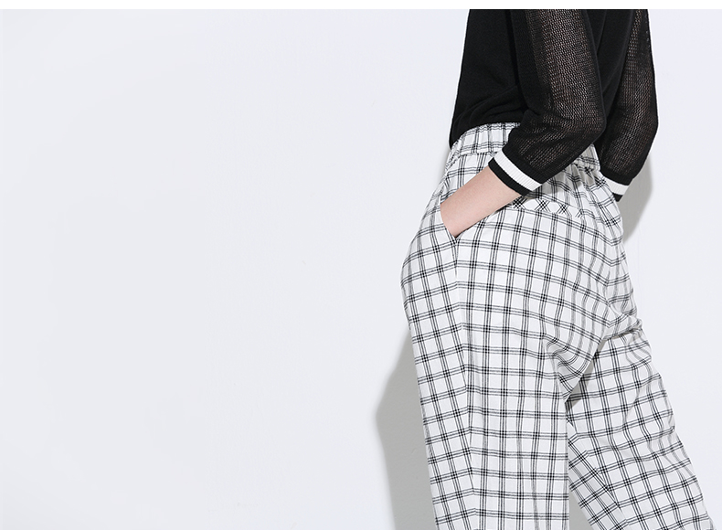 初语2017春季新款女裤 松紧腰英伦格子宽松休