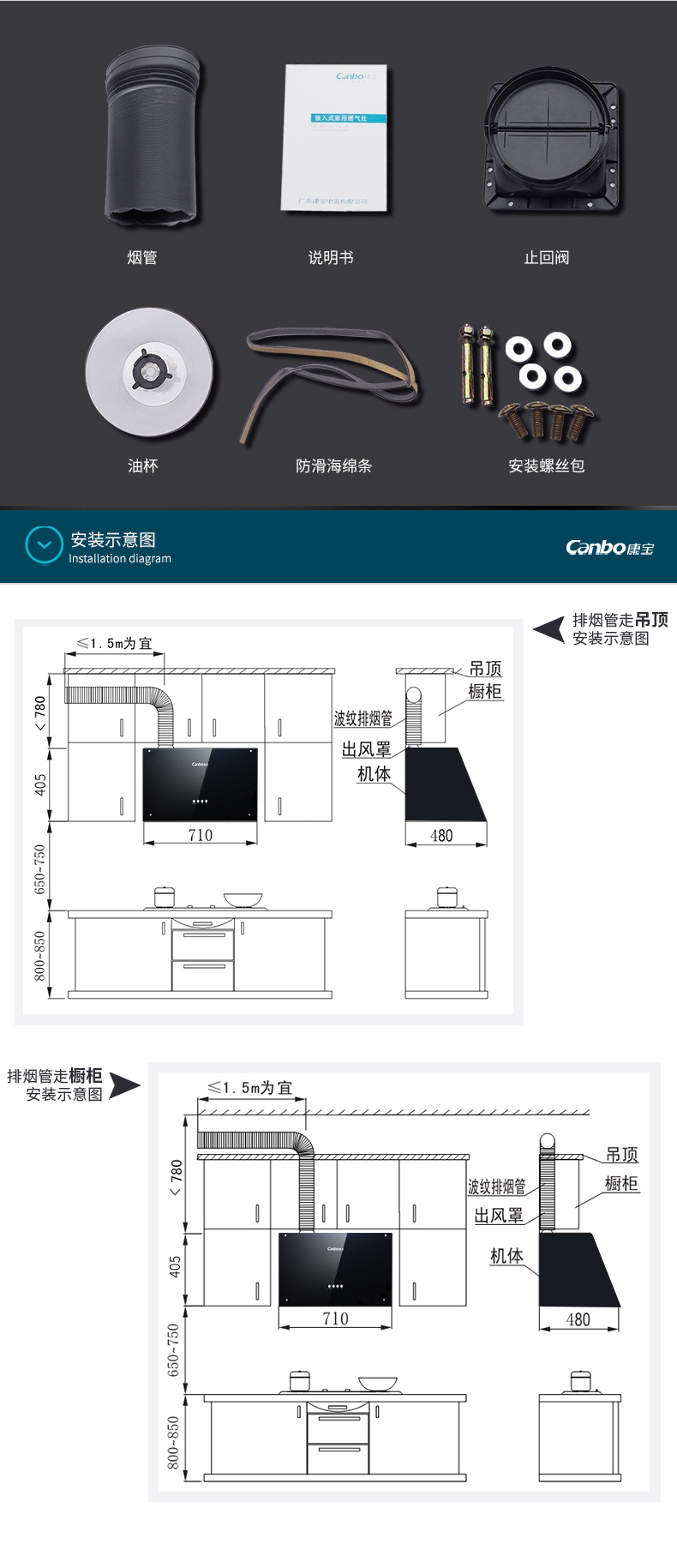 康宝（canbo） CXW-198-B7+EB20油烟机中式 顶吸式油罩深 促销型全国联保正品