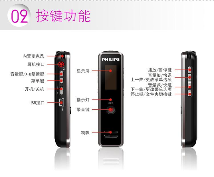 Philips/飞利浦VTR5100高清播放器远距离降噪声控分段MP3正品8G 香槟金