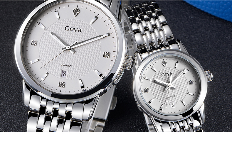 格雅（GEYA)手表 经典大气石英情侣手表钢带日历防水女表白色G76010LWW 白色女款