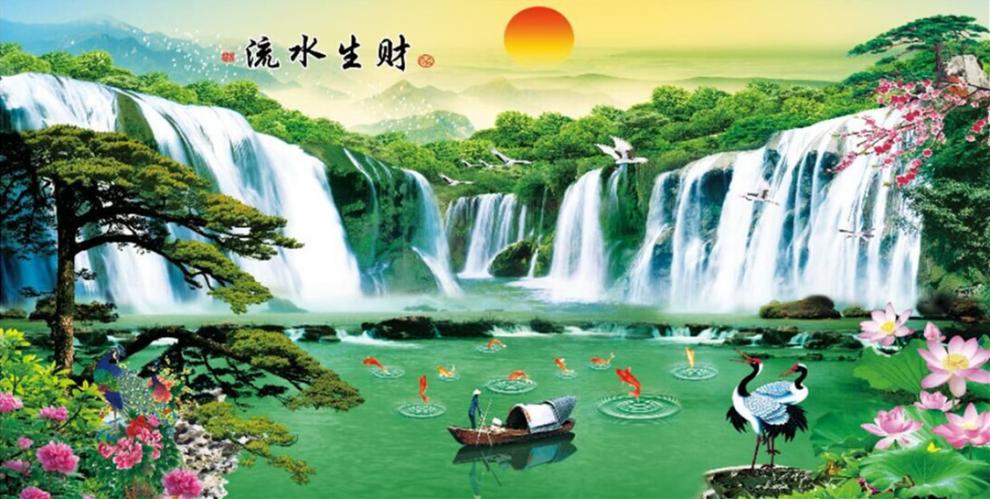 3d立体中式客厅电视背景墙壁纸5d8d山水风景画墙纸壁画布流水生财无缝