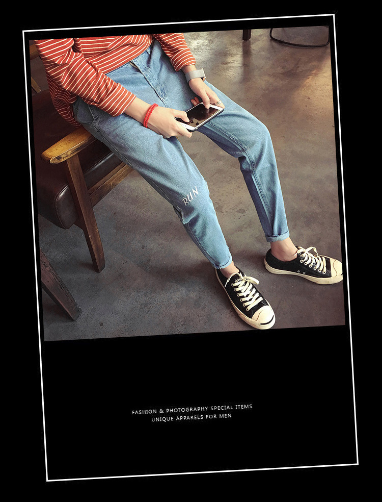 花花公子贵宾2017新款修身小脚牛仔裤英文刺