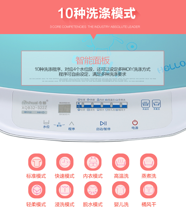 奇帅XQB32-322Z(GX)动漫蓝 3.2公斤 高温煮洗全自动婴儿童迷你小型洗衣机家用节能杀菌加热洗